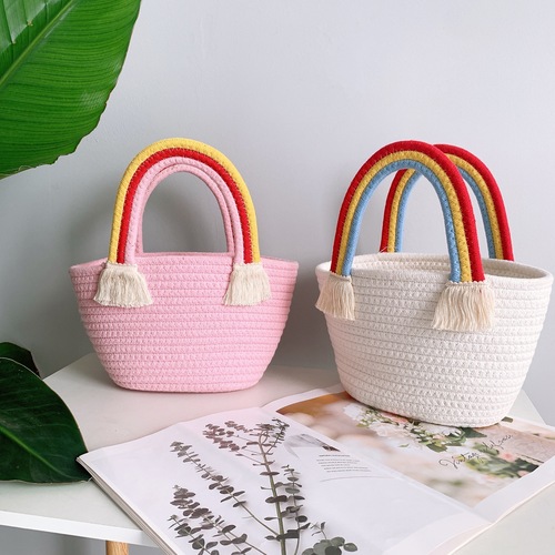 Ins-style Nordic rainbow cloud pattern hand-held cotton cord woven bag, beach vacation sandbag, versatile bag