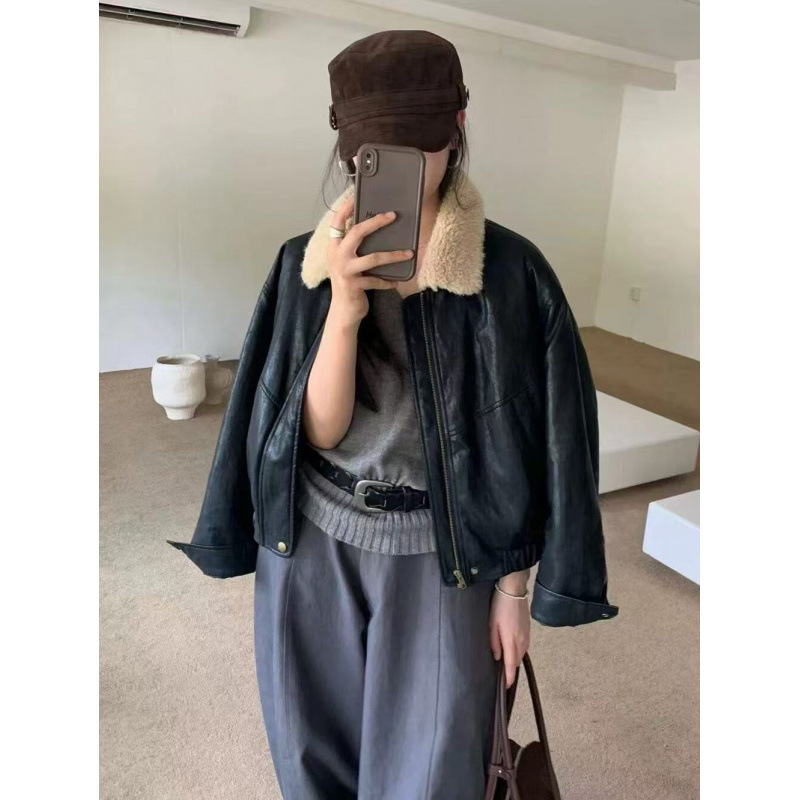 韩国女装高货羽绒内胆韩系复古风短款翻毛领羽绒皮衣外套羽绒服