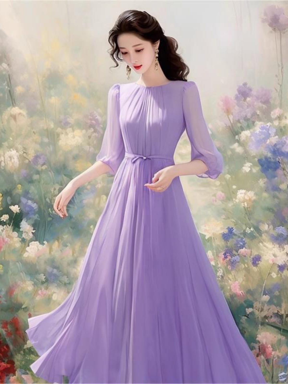 Váy liền voan tím phong cách Hepburn Pháp dáng dài thắt eo — Màu tím chi tiết 3