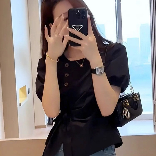 Women's Summer New Square Neck Tie Belt Fashion Casual Unstructured Bubble Sleeve Blouse