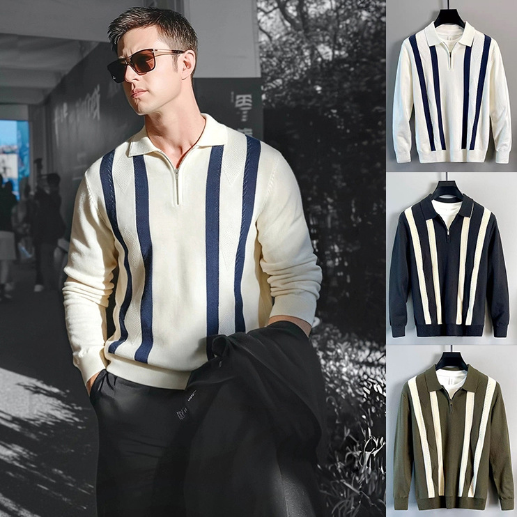 Polo camisa de punto camisa de manga larga suéter hombre solapa media cremallera vieja primavera y otoño rayas fábrica transfronteriza al por mayor