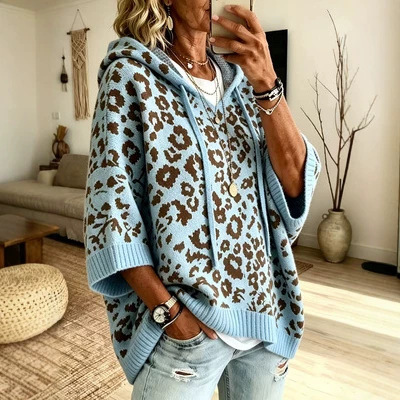 Women's Leopard Print Knit Hoodie, Autumn/Winter Casual Sweater, 7/8 Sleeve Pullover Knit Top, Fashionable Animal Print Women's Leopard Print Knit Hoodie, Autumn/Winter Casual Sweater, 7/8 Sleeve Pullover Knit Top, Fashionable Animal Print