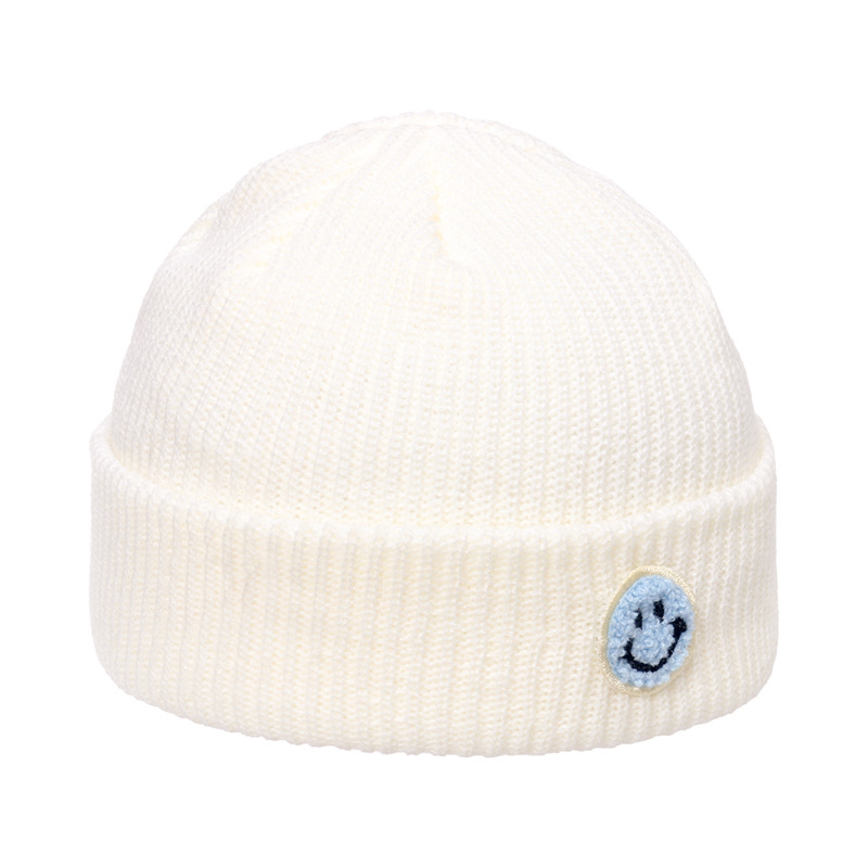 Autumn And Winter Woolen Hat Men's Trendy Japanese And Korean Yupi Knitted Warm Smiley Face Patch Chinese Landlord Hat Candy Color Skullcap Women display picture 2