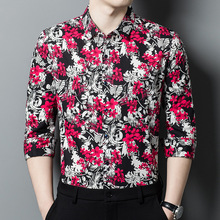 高档男装2025春秋男式休闲长袖印花衬衫男士青年时尚潮流纯棉衬衣