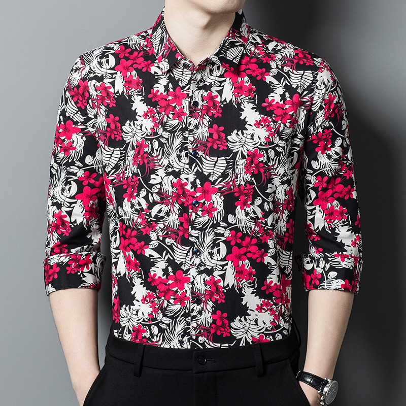 高档男装2025春秋男式休闲长袖印花衬衫男士青年时尚潮流纯棉衬衣