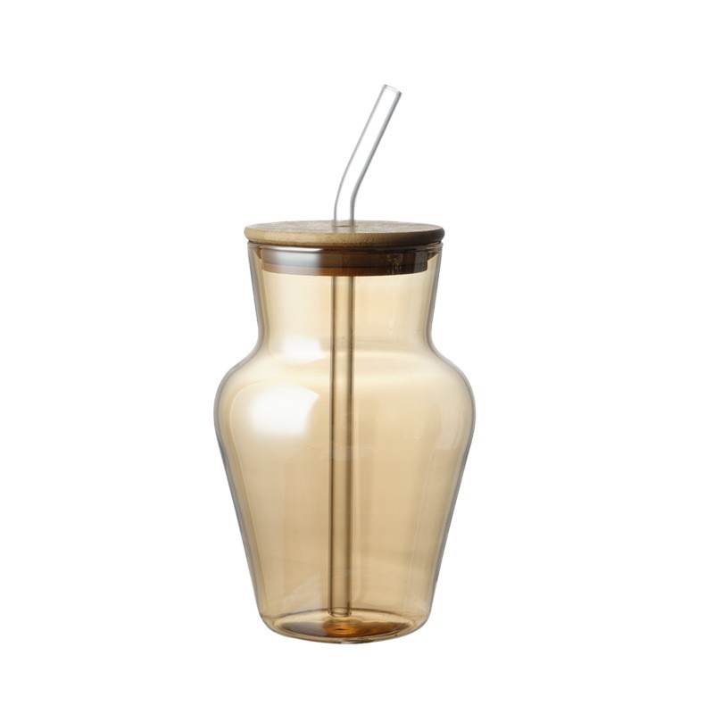 Suministro de tazas de paja de vidrio de alta borosilicona cubierta de madera de bambú tazas de vidrio rayadas tazas de bebida fría tazas de leche ins bebidas frías rojas image 8