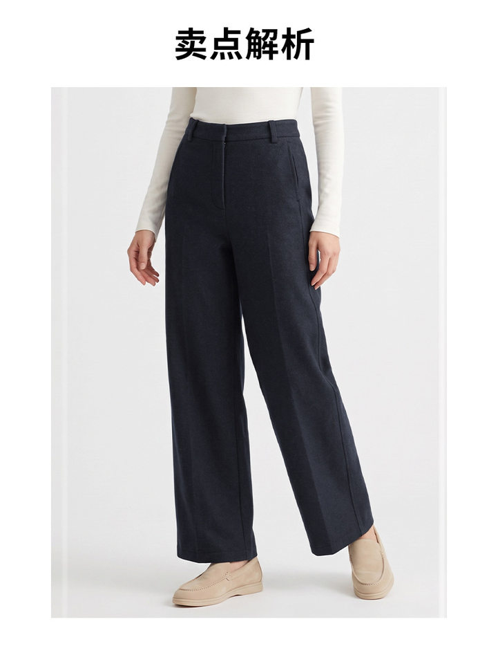 Quần ống rộng lưng cao dáng suông chất len cashmere phối len cừu — Xanh navy chi tiết 3