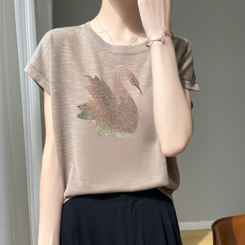 All-match Western Style Round Neck Knitted Short-sleeved T-shirt Women's 2025 Summer plus size Hot Drilling Loose All-match Base Top New