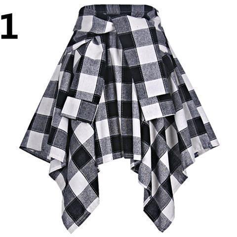 Relaxed waist grid irregular quadrilateral midi skirt with ties and bowknot, sporty street dance style for women