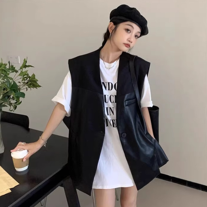 European Leather Vest Mid-Length Spring & Fall Thin Women's Outer Wear Foreign Style High-Grade Pu Leather Suit Splicing Outer Wear