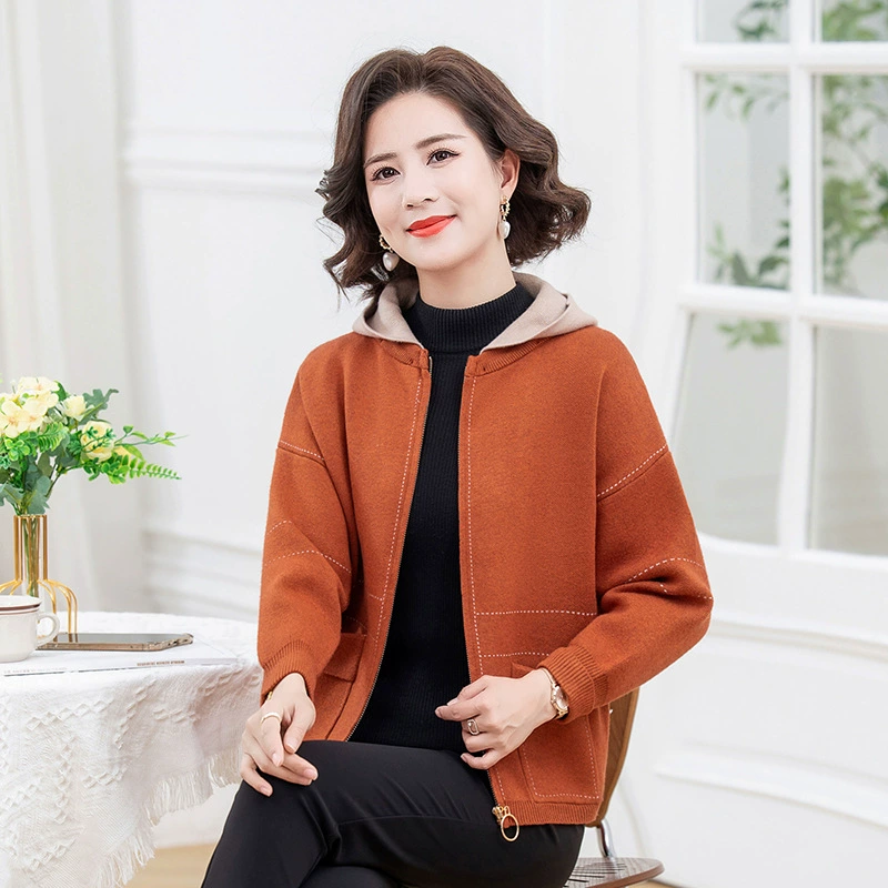 Осенне-зимнее пальто для мам, Свободный Повседневный свитер, топ, кардиган на молнии с капюшоном, модное пальто для женщин среднего и пожилого возраста