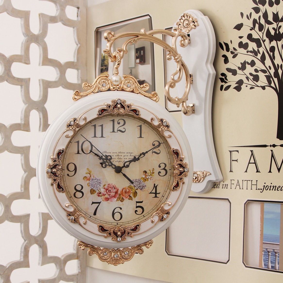 双面挂钟欧式创意表客厅静音田园时钟表两面个性时尚现代简约挂表