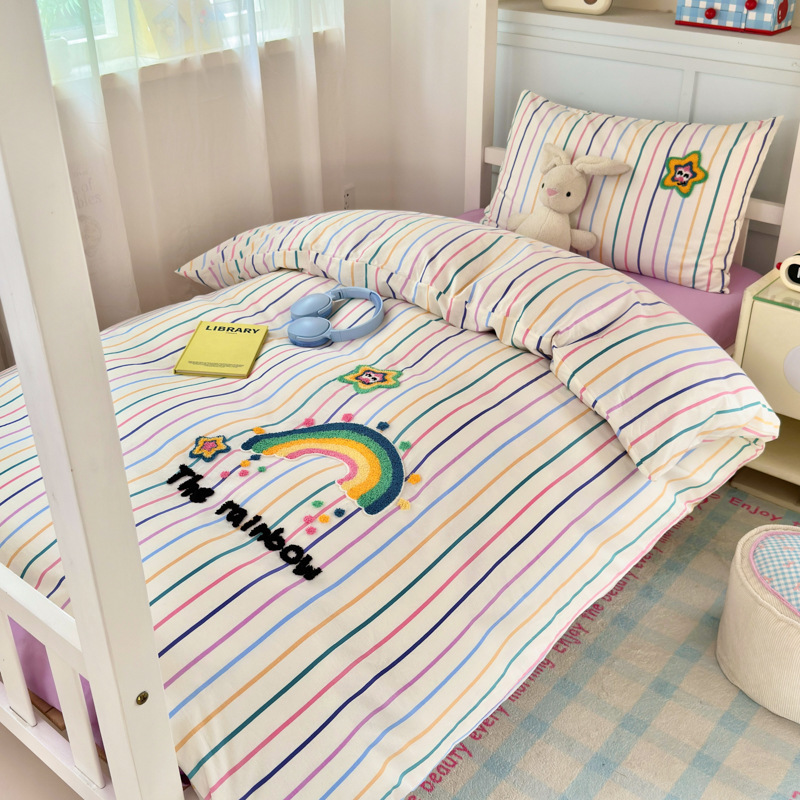 Cotton Class a Small Fresh Printed and Embroidered Four-Piece Cartoon Towel Embroidered Cute Pet Dopamine Series Bedding Set of 34