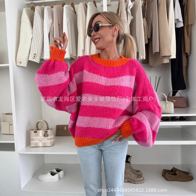 2026 Spring Valentine's Day New European and American Amazon Style Pullover Striped Contrast Color Sexy Long Sleeve Knitted Sweater for Women 2026 Spring Valentine's Day New European and American Amazon Style Pullover Striped Contrast Color Sexy Long Sleeve Knitted Sweater for Women
