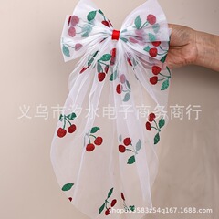 クロスボーダーの人気ネットのガーゼの布芸のさくらんぼの愛の蝶結びの髪のクリップの後頭部の長いリボンのかわいい髪飾りの女性のクリップ
