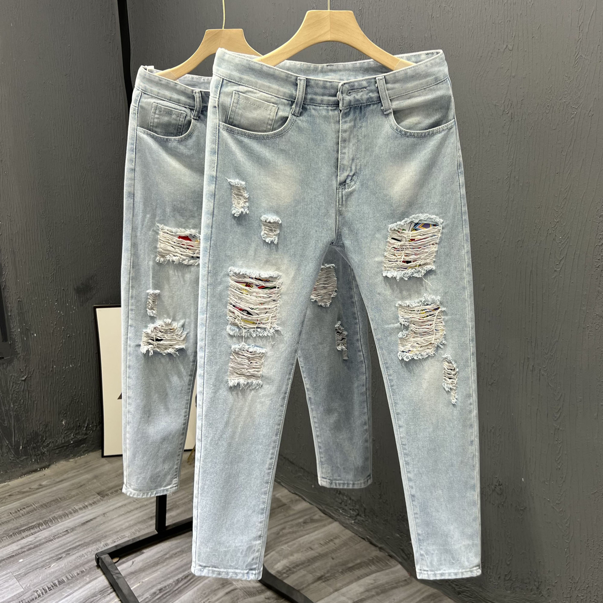 Summer Leg Jeans Men's Ripped Beggar Pants Cropped Men's Pants 2024 New Arrival Slim-Fit Pants Casual Pants