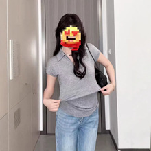 外贸原单春夏新款 女士伊芙L 收腰短款V领 短袖Polo衫 显瘦针织衫