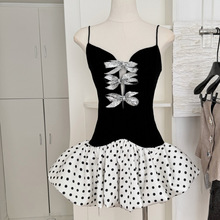 S3003吊带连衣裙女生名媛生日小礼裙镶钻蝴蝶结波点蓬蓬短裙套装