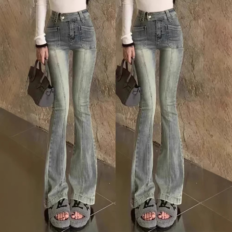 Y2K American Retro Micro-Flare Jeans for Women in Spring and Summer, High-Waisted Slimming Pants for Pear-Shaped Figures