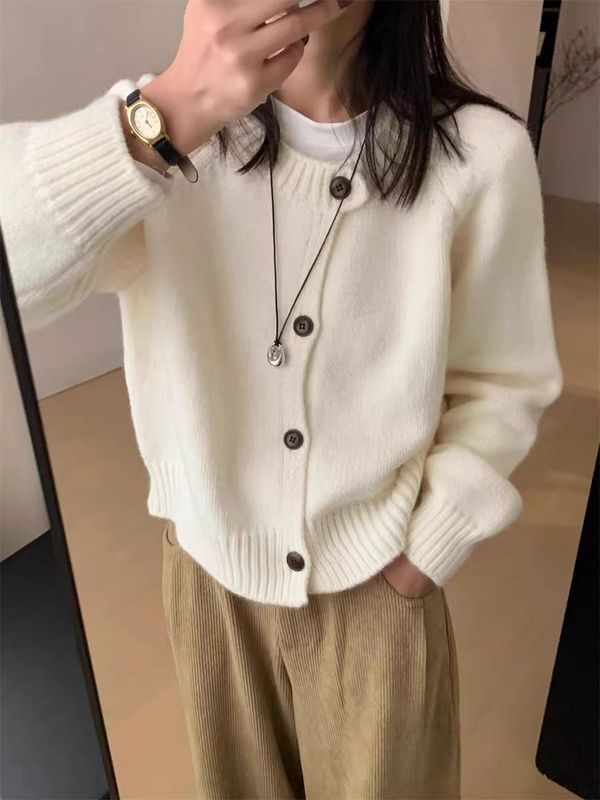 韩系温柔软糯圆领100羊毛开衫女装秋冬新款宽松慵懒羊绒衣外套|undefined