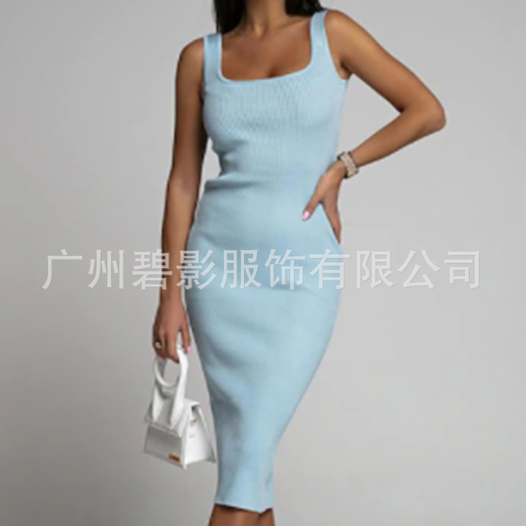 2024~Independent Site Wish Amazon Simple Solid Color Sleeveless U-Neck Bodycon Ribbed Dress Coyseio