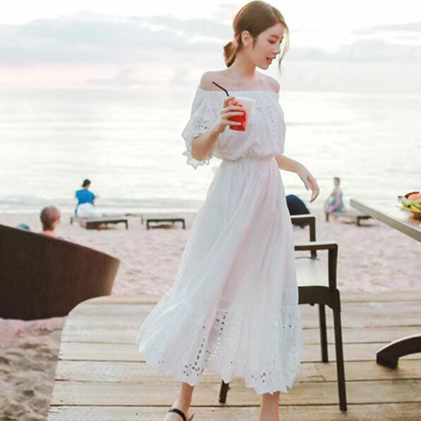 Bohemian Long Dress Women's Summer White Beach Dress Seaside Vacation Beach Dress Strapless Off-shoulder Dress Women