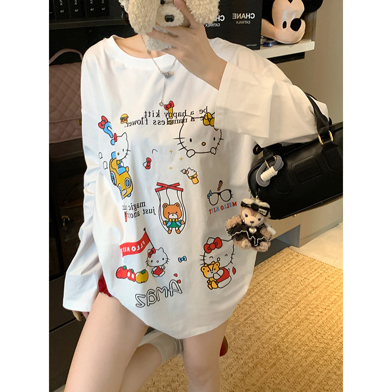Cute KT Cat Printed Long-sleeved Loose T-shirt Women's Autumn Casual Sweet Design All-match One-piece Pajamas Top