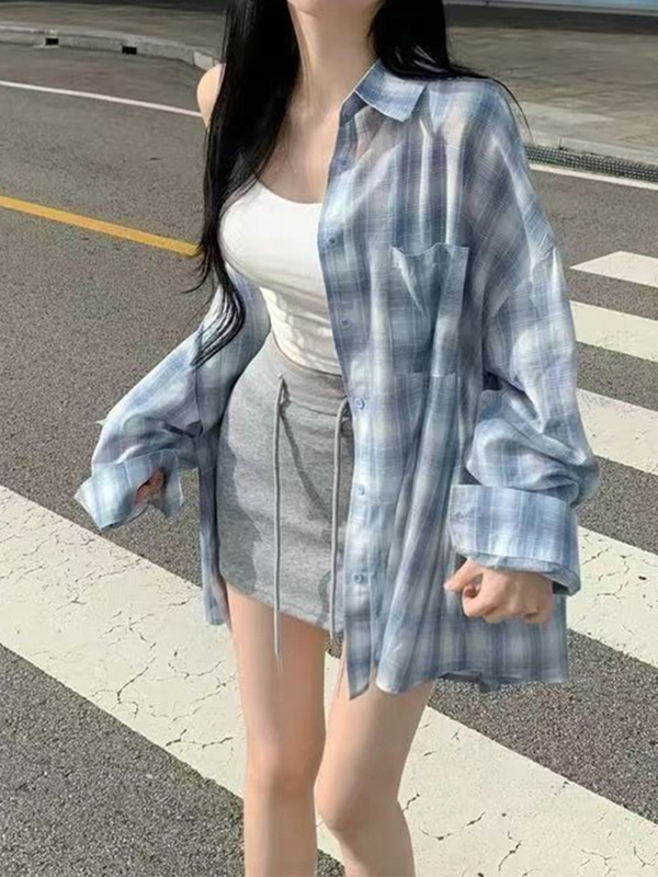 慵懒风复古长袖蓝色格子衬衫设计感宽松休闲春秋polo领上衣外套女|undefined