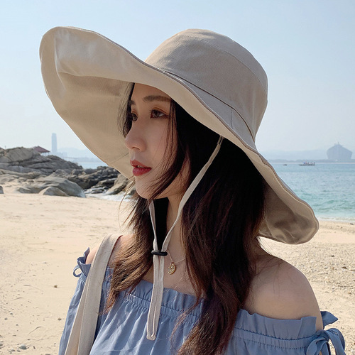Women's summer solid color, large eaves, double-sided fisherman's hat, all-matching outdoor sunshade hat, foldable travel, sun-protection hat, trendy