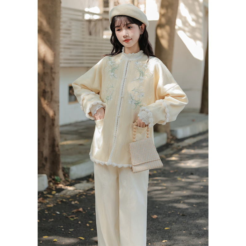 新中式国风女装唐制毛呢外套秋冬新款2025汉元素绣花宽松呢子大衣