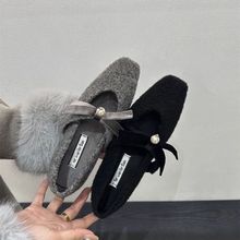 小香风毛呢粗跟毛毛鞋女瓢鞋2025冬加绒方头蝴蝶结玛丽珍棉鞋单鞋