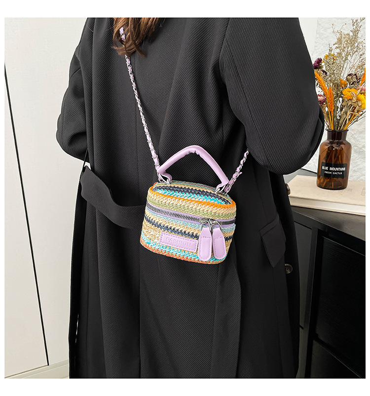 165g Weight Polyester Lining Material Weave Fashion Element Zipper Closure Type Top Handle, Chain Strap Type Crossbody Bag Bags Type Casual, Daily, Shopping Occasion Straw Material Multicolor Pattern Spring&Summer Season Women's Gender Vintage Style Style Cylindrical Shape Women's Straw Multicolor Vintage Style Weave Cylindrical Zipper Crossbody Bag 11