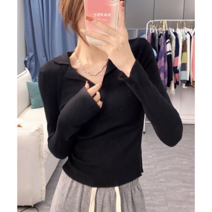 法式Polo领长袖针织衫女秋装设计感纯欲毛衣打底衫欧货上衣ins潮|undefined