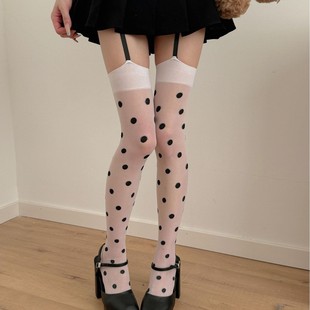 Pattkin Stockings Women's Summer Thin Sexy Suspender Polka Dot High Stockings Jk White Ultra-Thin Printed Stockings