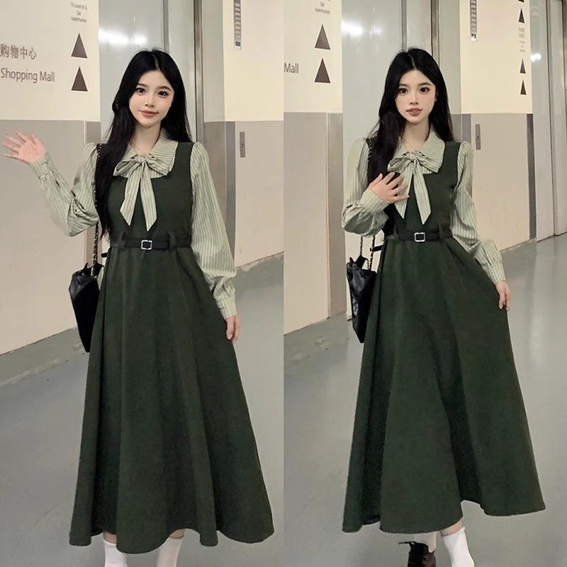 大码胖MM法式条纹连衣裙女秋季高级感裙子胖MM显瘦学院风A字裙|undefined