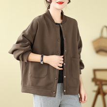 实拍2025秋季休闲棒球服女圆领百搭宽松显瘦简约纯色韩版卫衣外套