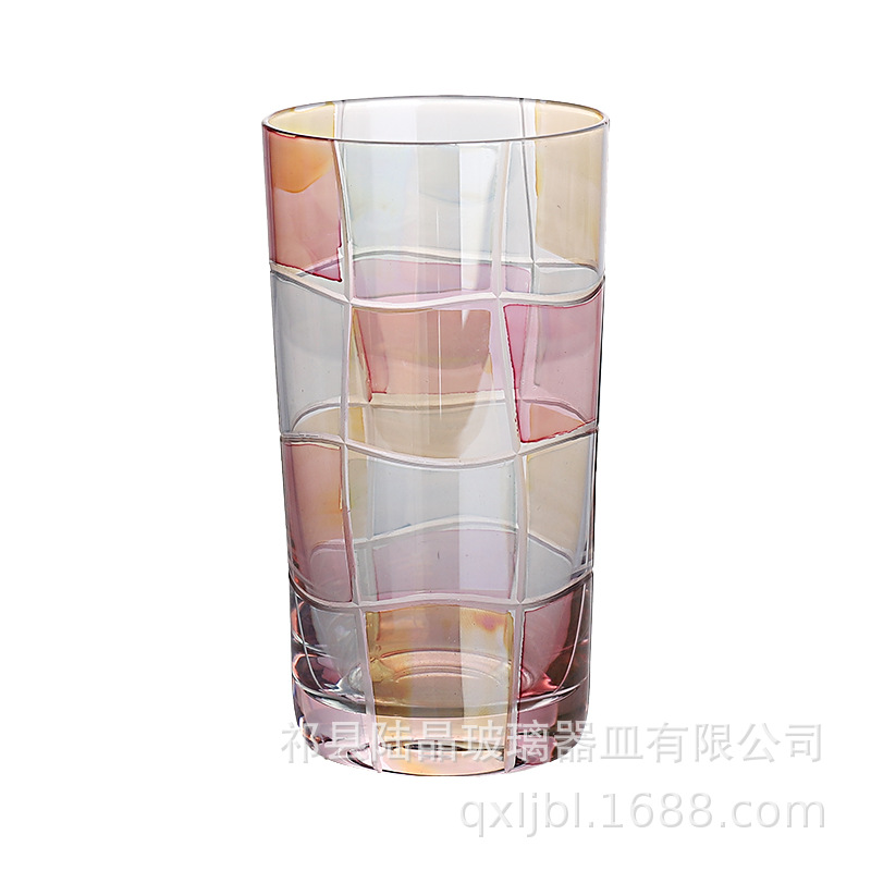 Lu Jingcai color Plaid vidrio taza de agua de alto aspecto creativo whisky vino vaso taza de jugo flor taza de té al por mayor
