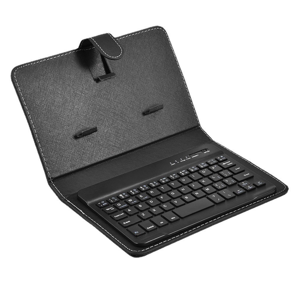 Funda de cuero con teclado Bluetooth para teléfono móvil, funda protectora multifunción inalámbrica de tres sistemas universal para oficina con soporte
