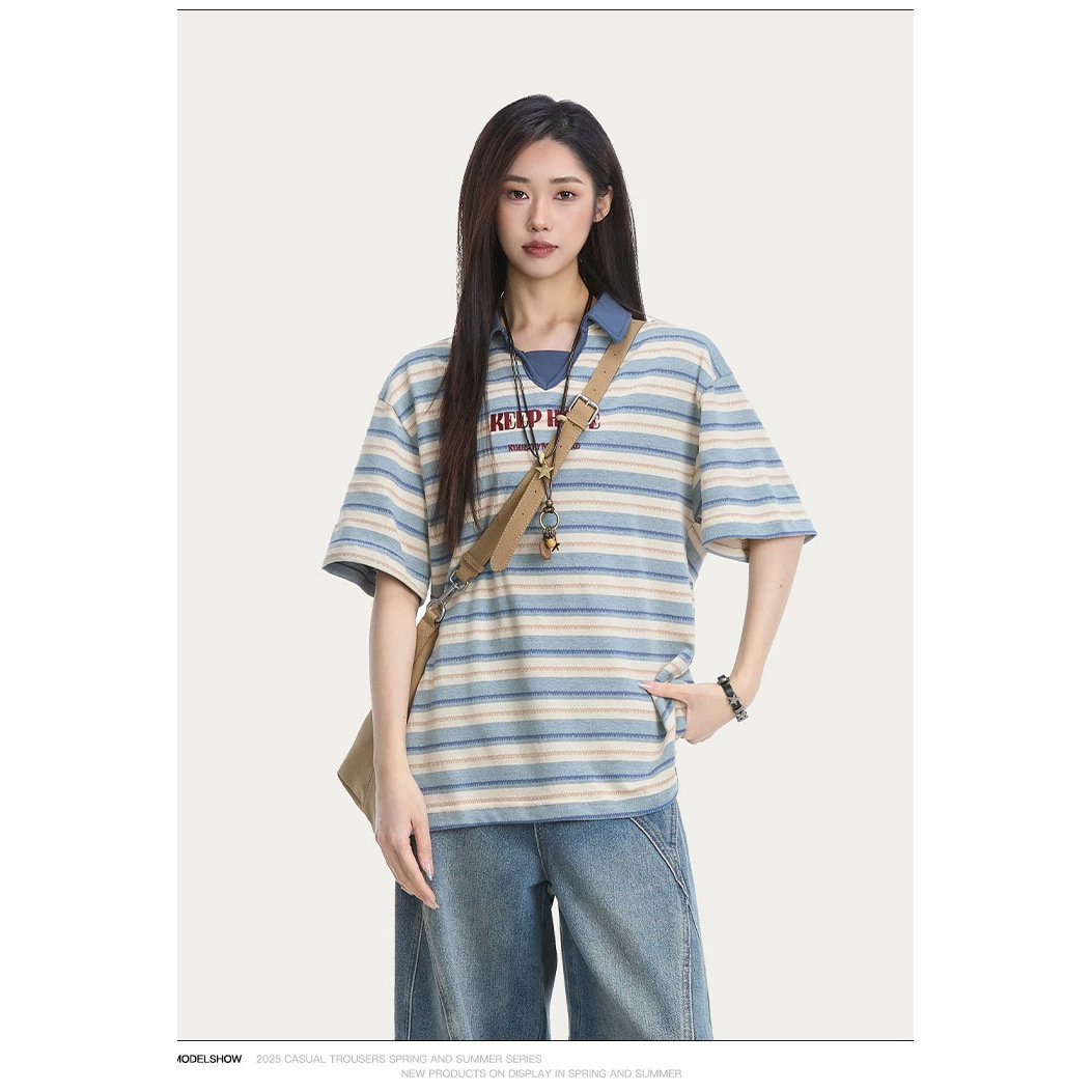RESUMM American Retro College Style Striped Short-Sleeve Polo Shirt for Women, 2026 Summer New Loose Casual Top