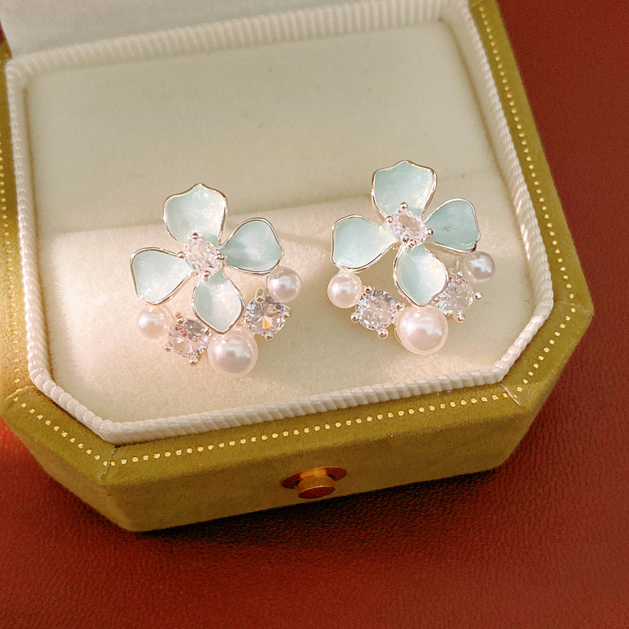 Agujas de plata goteando aceite flor de zircon perlas perlas aretes de aire dulce temperamento fresco ligero lujo alta sensación auriculares al por mayor image 8