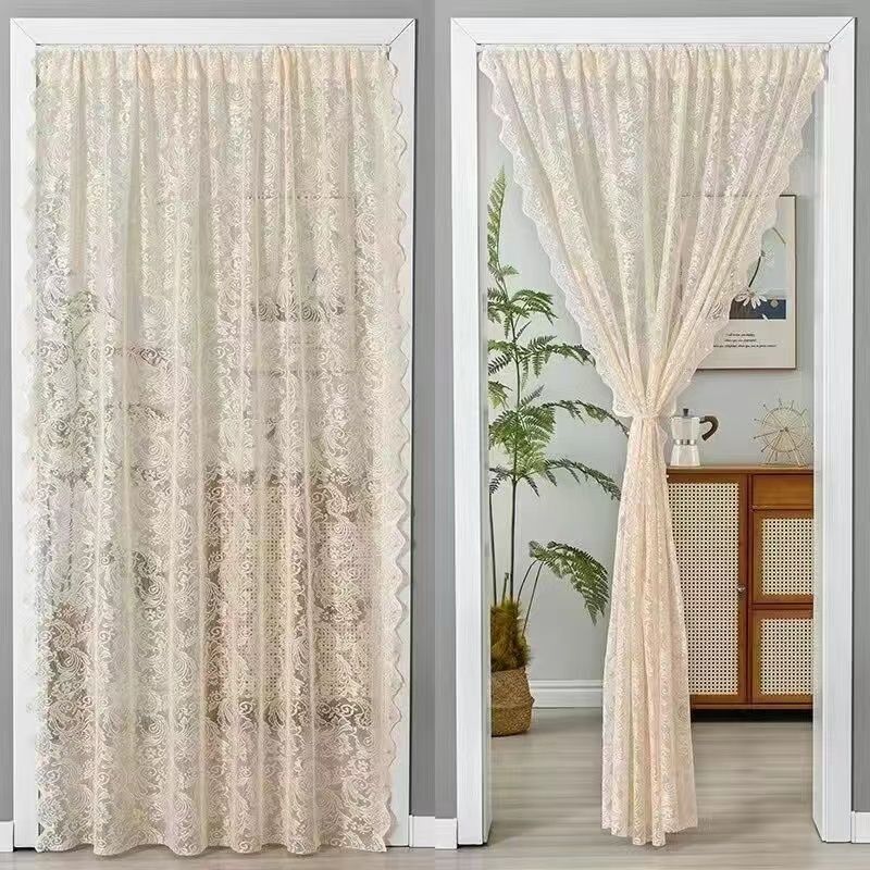Sheer Curtain Balcony Sunshade with Beaded French Magic Tape, No-Drill Installation Lace Curtain, Door Curtain, Partition Curtain