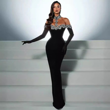 跨境外贸新品绷带连衣裙欧美时尚水钻花朵长裙亚马逊爆款红毯礼服