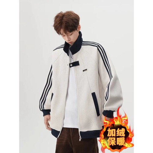 Three-bar stand-neck jacket for men and women's autumn and winter velvet loose preppy style baseball uniform casual sports sweater coat