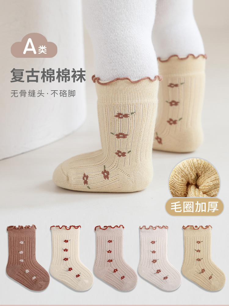 2023 invierno nuevo bebé niñas calcetines engrosados Terry cálido bebé calcetines princesa encaje niñas media pantorrilla Calcetines