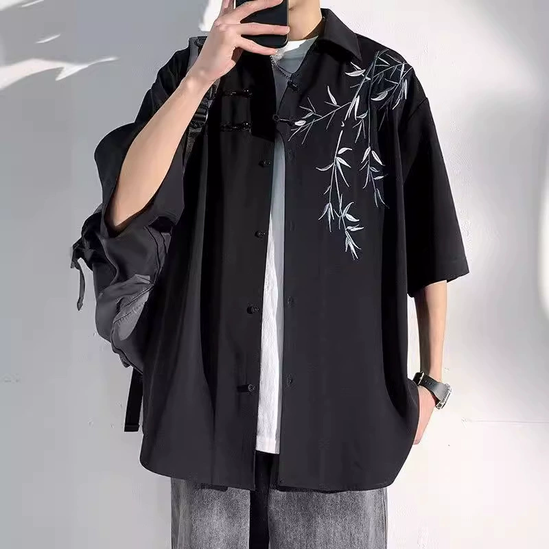 Летняя рубашка, китайский стиль, oversize, с вышивкой, с коротким рукавом