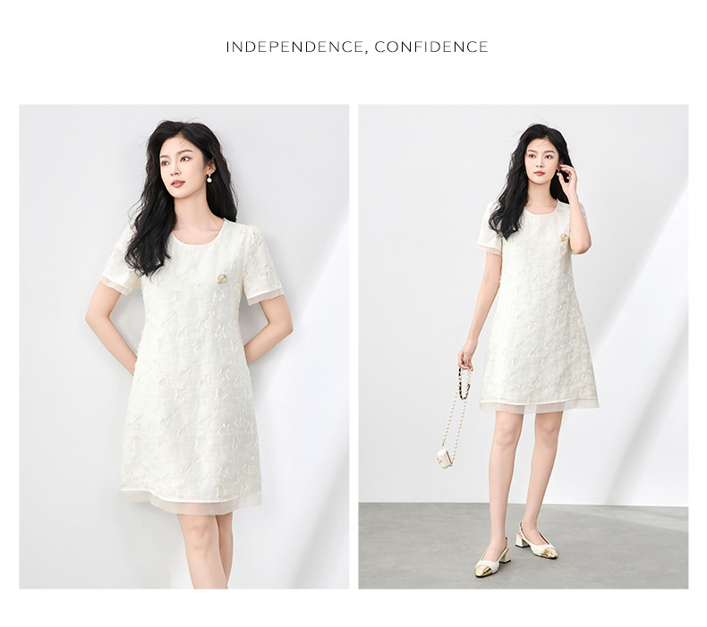 Váy liền nữ cổ tròn phối voan, họa tiết jacquard nổi, phong cách quý cô — Màu vàng chi tiết 11