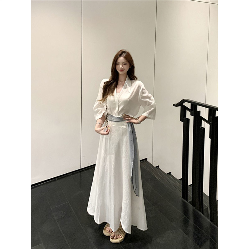 気質白ポロカラー半袖シャツトップ女性の夏のファッションスーツハイウエストスカートロングスカート 2 点セット|undefined