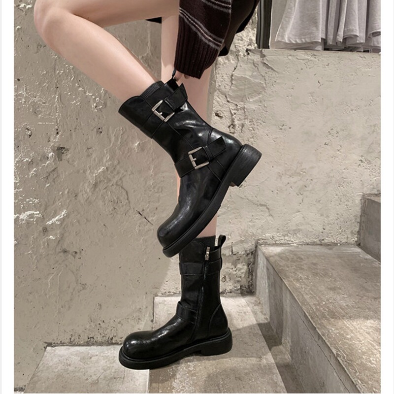 Cowhide version~Vintage buckle soft leather Martin boots for women, new winter style, round toe, versatile mid-calf fashion slim boots Cowhide version~Vintage buckle soft leather Martin boots for women, new winter style, round toe, versatile mid-calf fashion slim boots