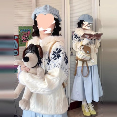 慵懒风蓝白色费尔岛连帽毛衣外套女秋冬季2025年新款宽松针织开衫