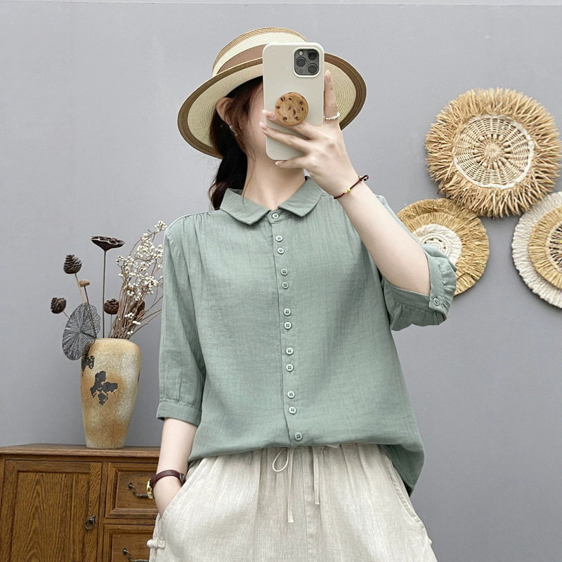 6602 Simple Solid Color Double-Layer Cotton Gauze Double-Breasted Mid-Sleeve Shirt for Women 2026 Summer New Casual Slimming Top
